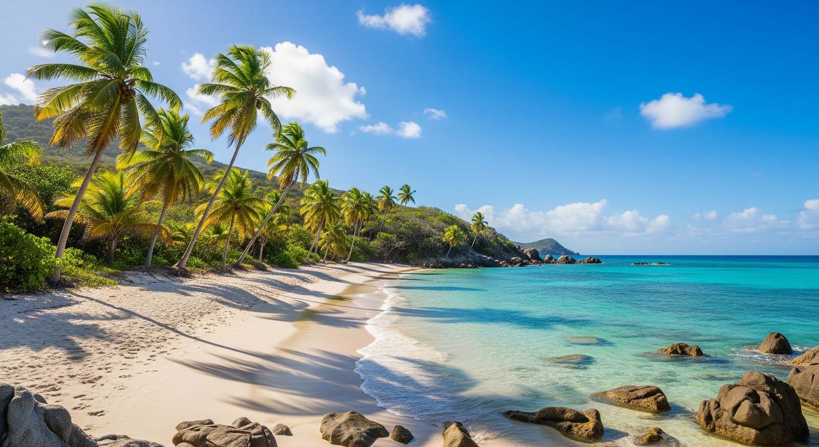 Secluded beach on Virgin Gorda island with crystal clear turquoise water and palm trees