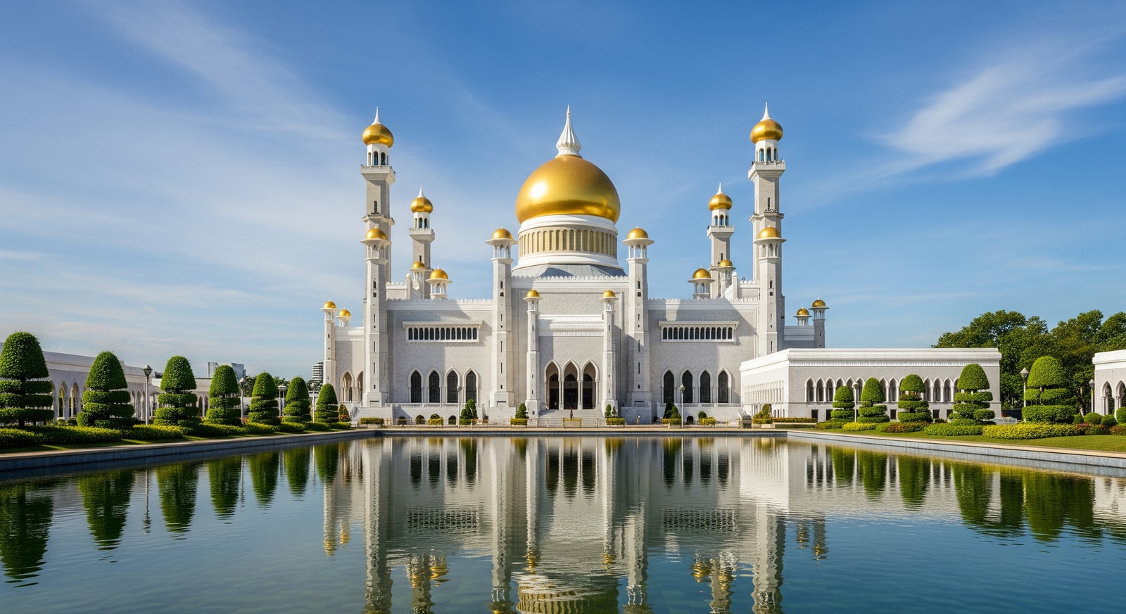 Jame Asr Hassanil Bolkiah Mosque with its golden domes and minarets against a blue sky in Brunei