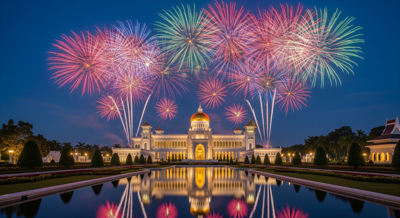 Istana Nurul Iman royal palace illuminated at night during a national celebration in Brunei