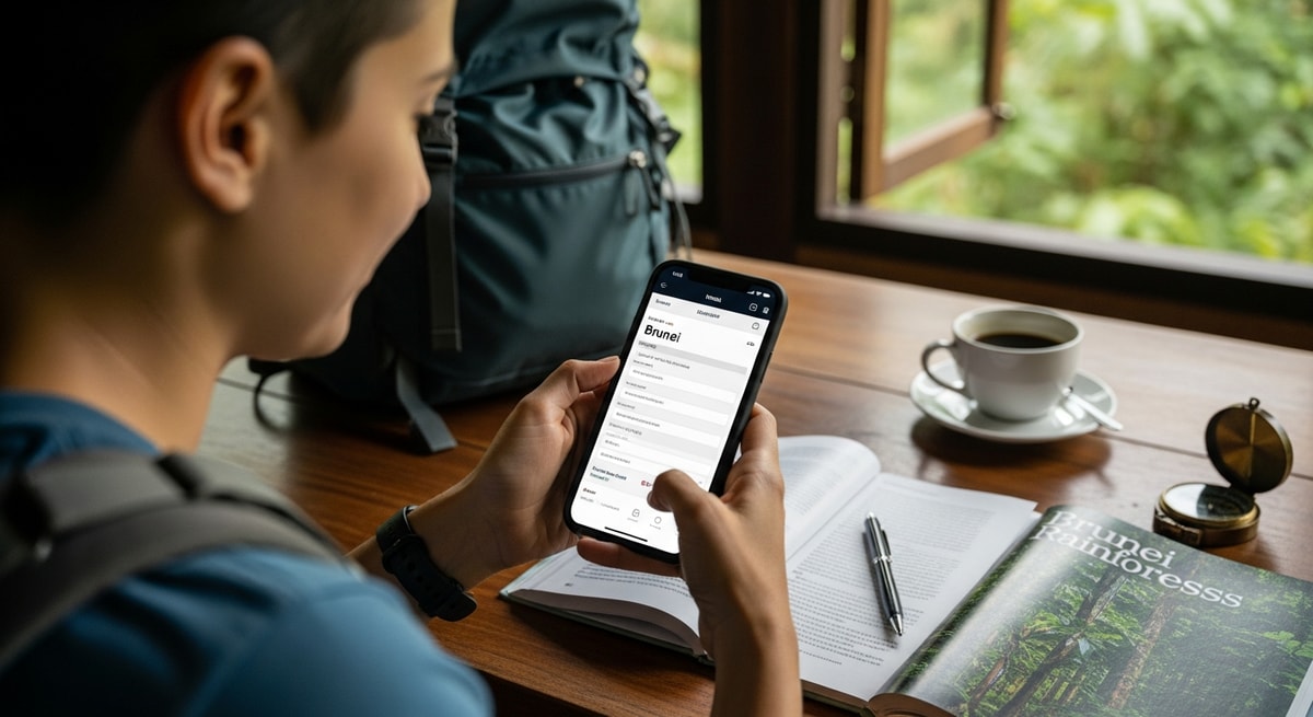 Traveler using smartphone to apply for Brunei visa while planning rainforest adventure