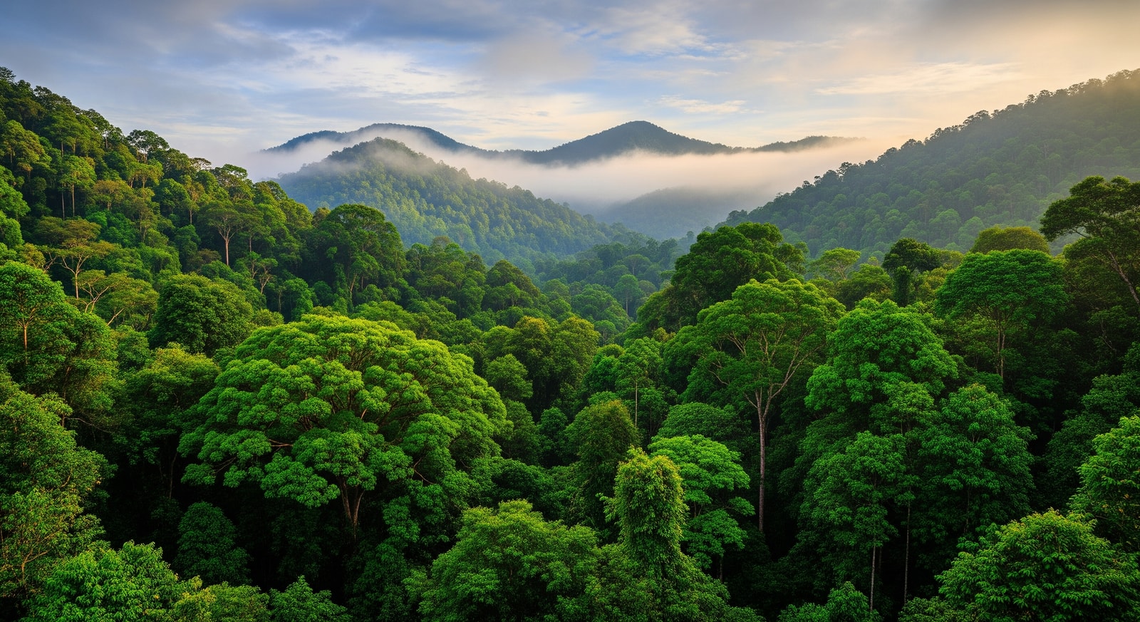 Lush green canopy of Ulu Temburong National Park rainforest with misty hills in the background