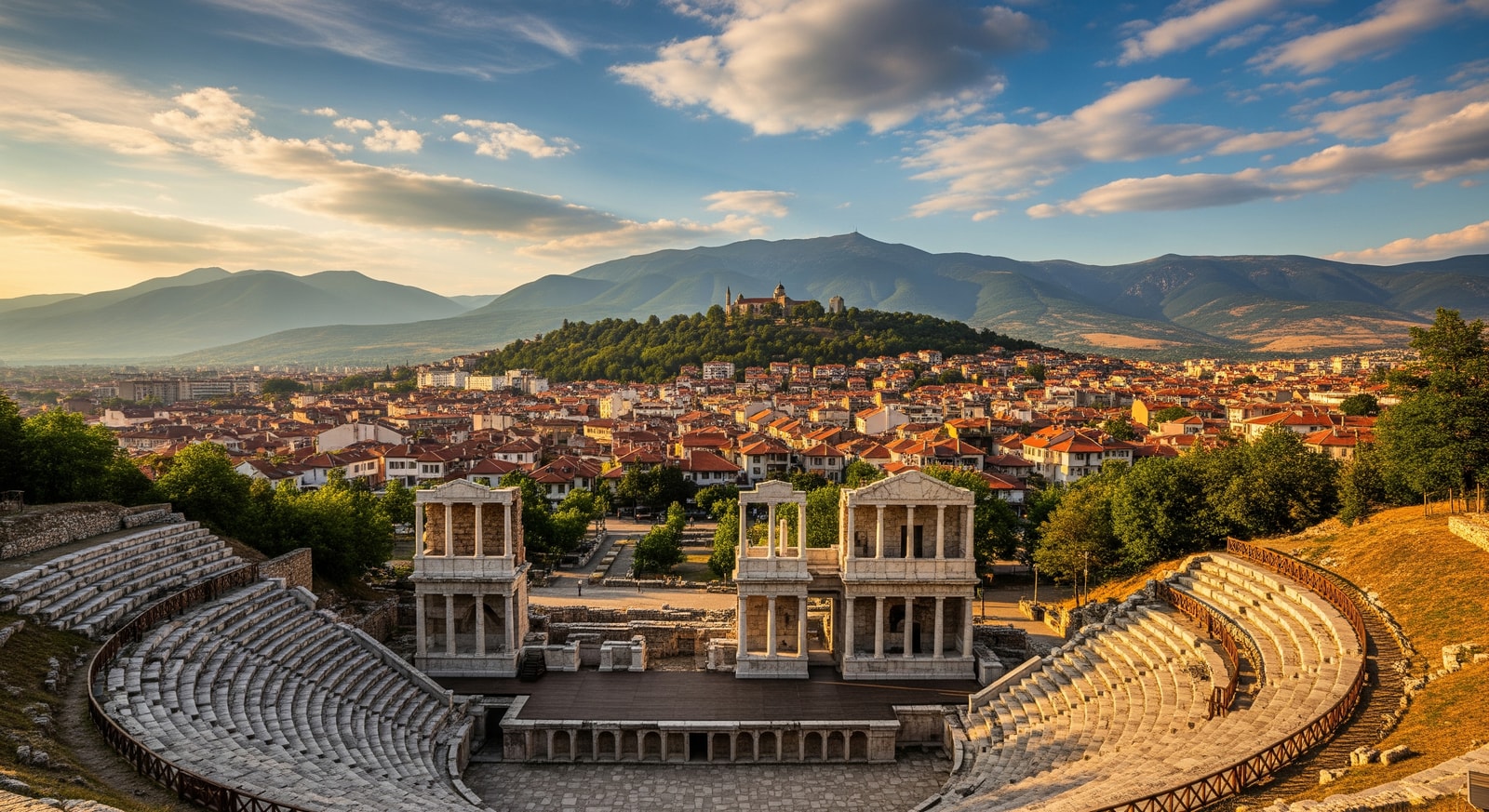 Ancient Roman amphitheater in Plovdiv with the old town and Rhodope Mountains in background