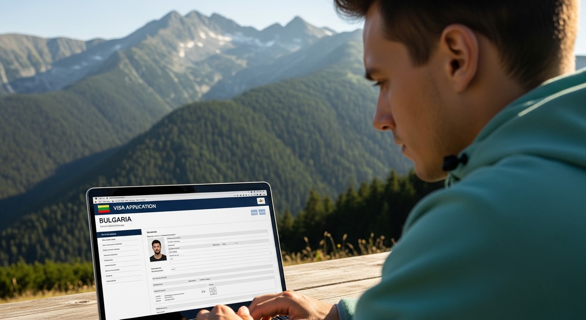 Traveler reviewing Bulgaria visa application on laptop with mountain scenery in background