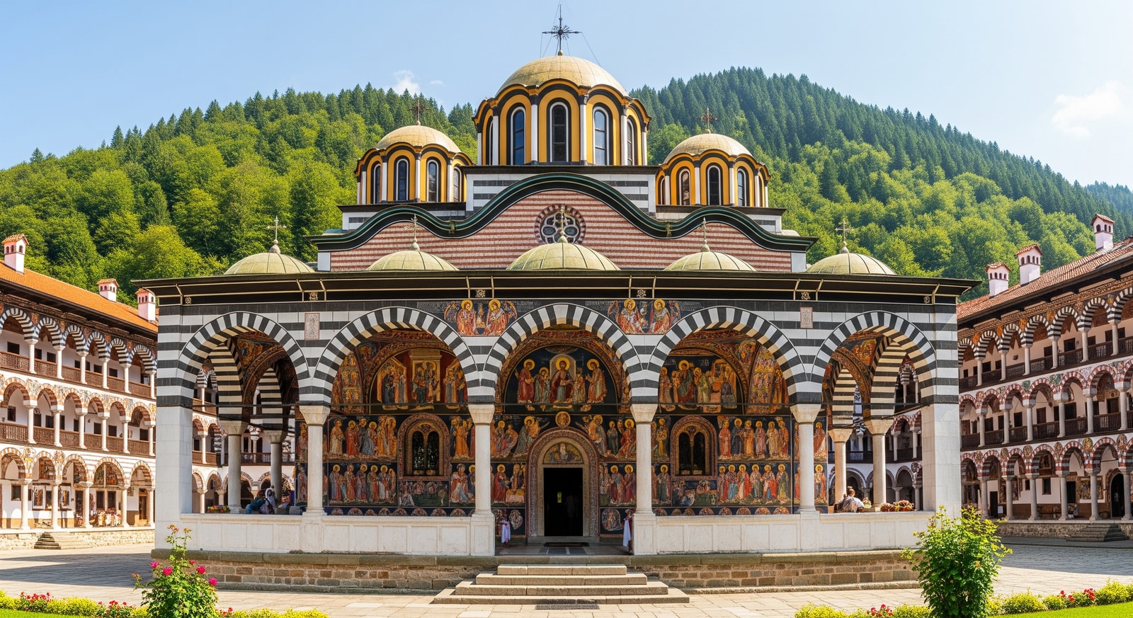 Rila Monastery with its colorful frescoes and striped arches nestled in forested mountains