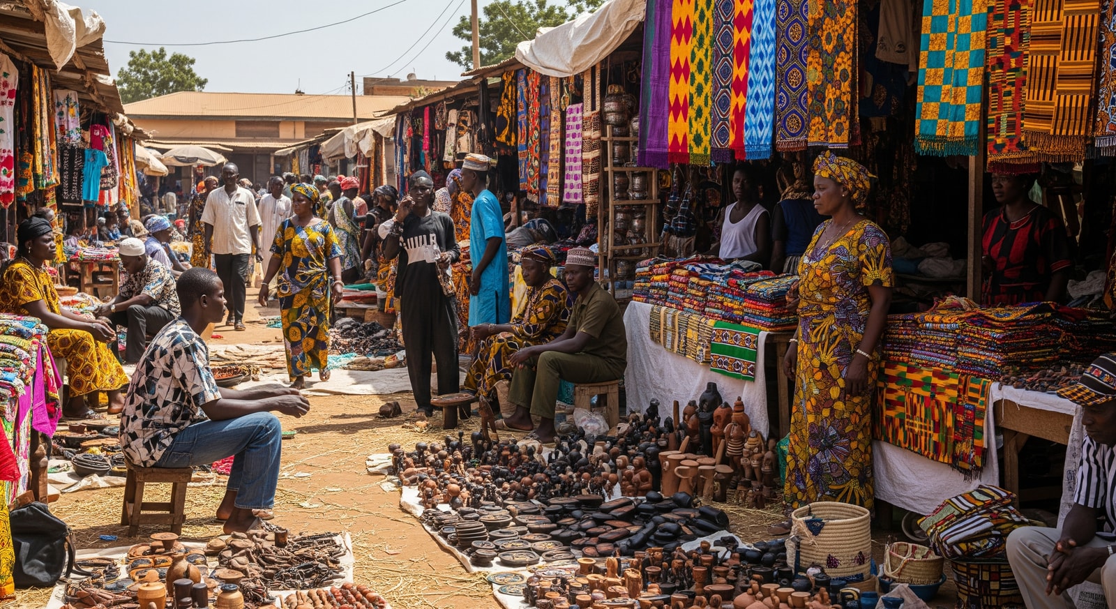 Colorful local market scene in Ouagadougou with vendors selling traditional textiles and crafts