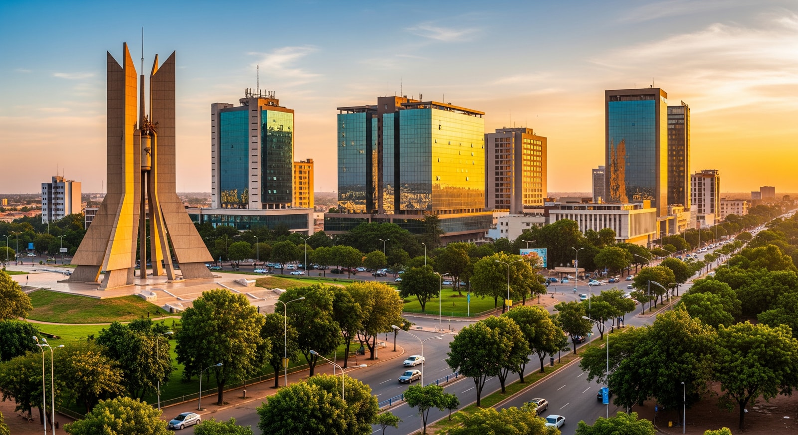 Modern cityscape of Ouagadougou with the Monument des Martyrs and tree-lined boulevards