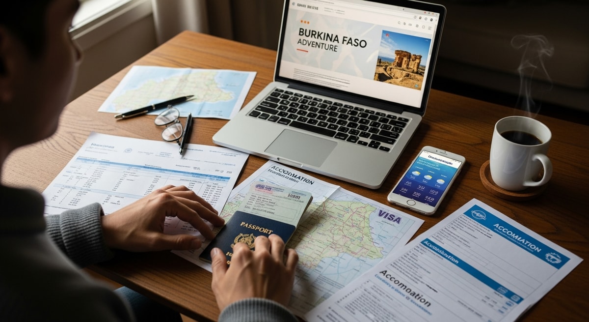 Traveler planning trip to Burkina Faso with passport and travel documents on desk