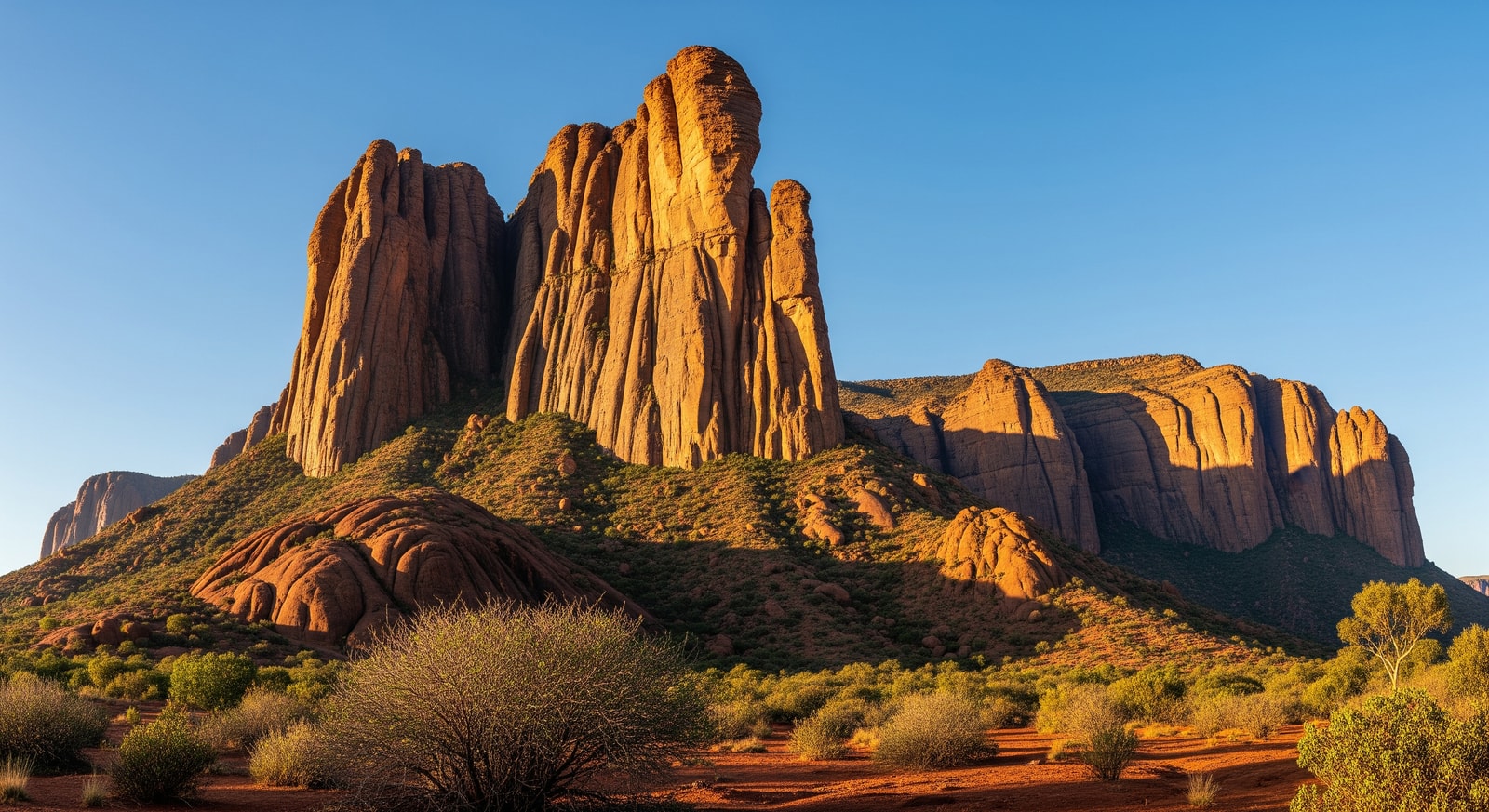 Dramatic sandstone formations of the Sindou Peaks rising against a clear blue sky in southwestern Burkina Faso