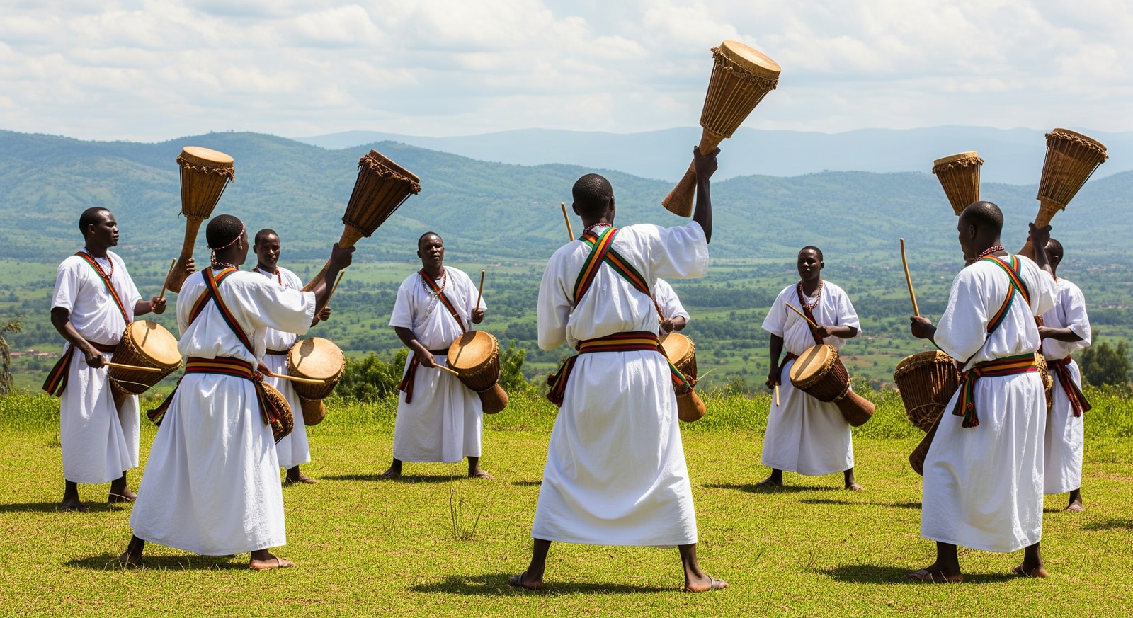 Traditional Burundian drummers performing the famous Royal Drummers ceremony in white robes