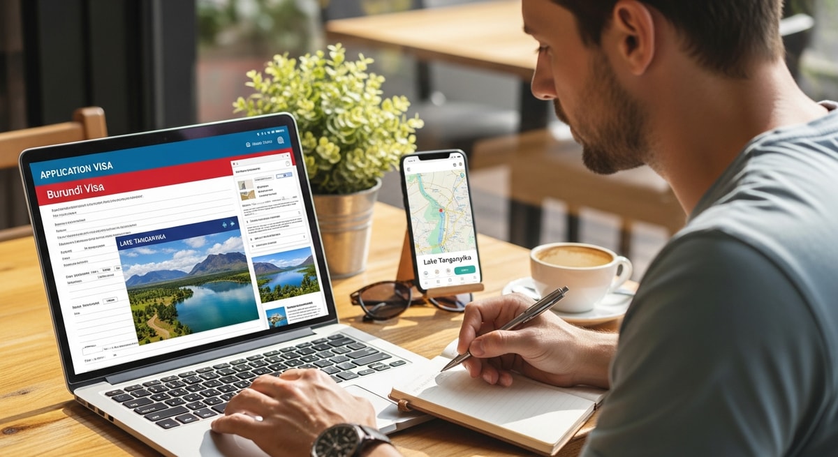 Traveler using laptop to apply for Burundi visa while planning trip to Lake Tanganyika