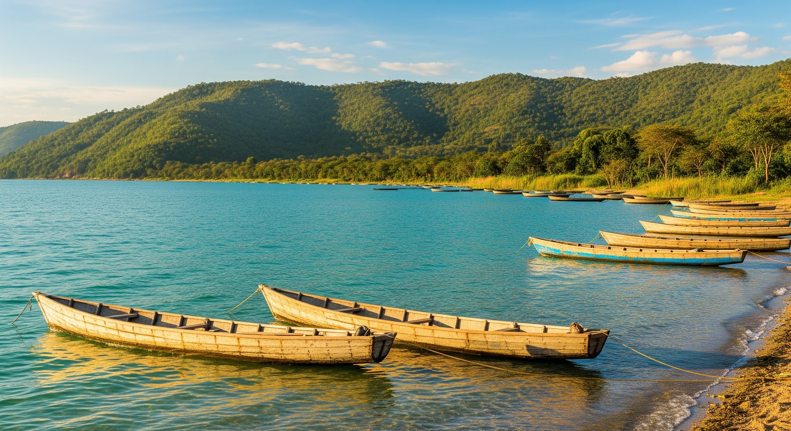Crystal-clear waters of Lake Tanganyika with traditional wooden boats and green hills in Burundi