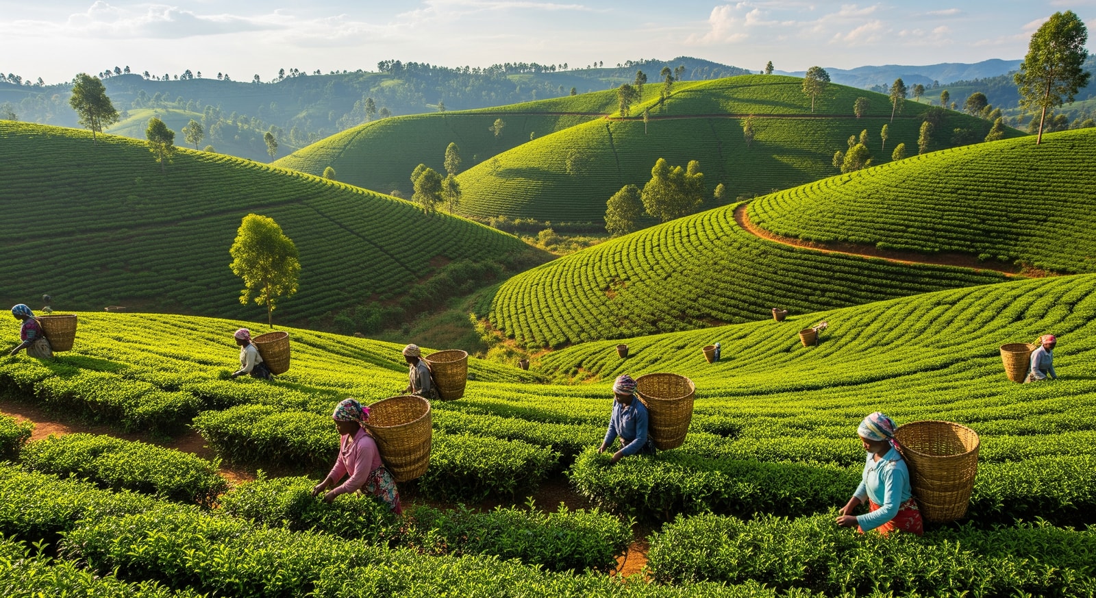 Lush green tea plantations on rolling hills in the Burundian highlands with workers harvesting