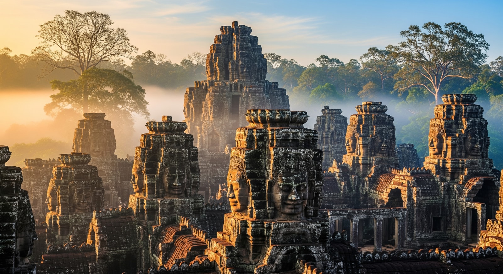 Ancient stone faces of Bayon temple at Angkor Thom with morning mist creating a mystical atmosphere