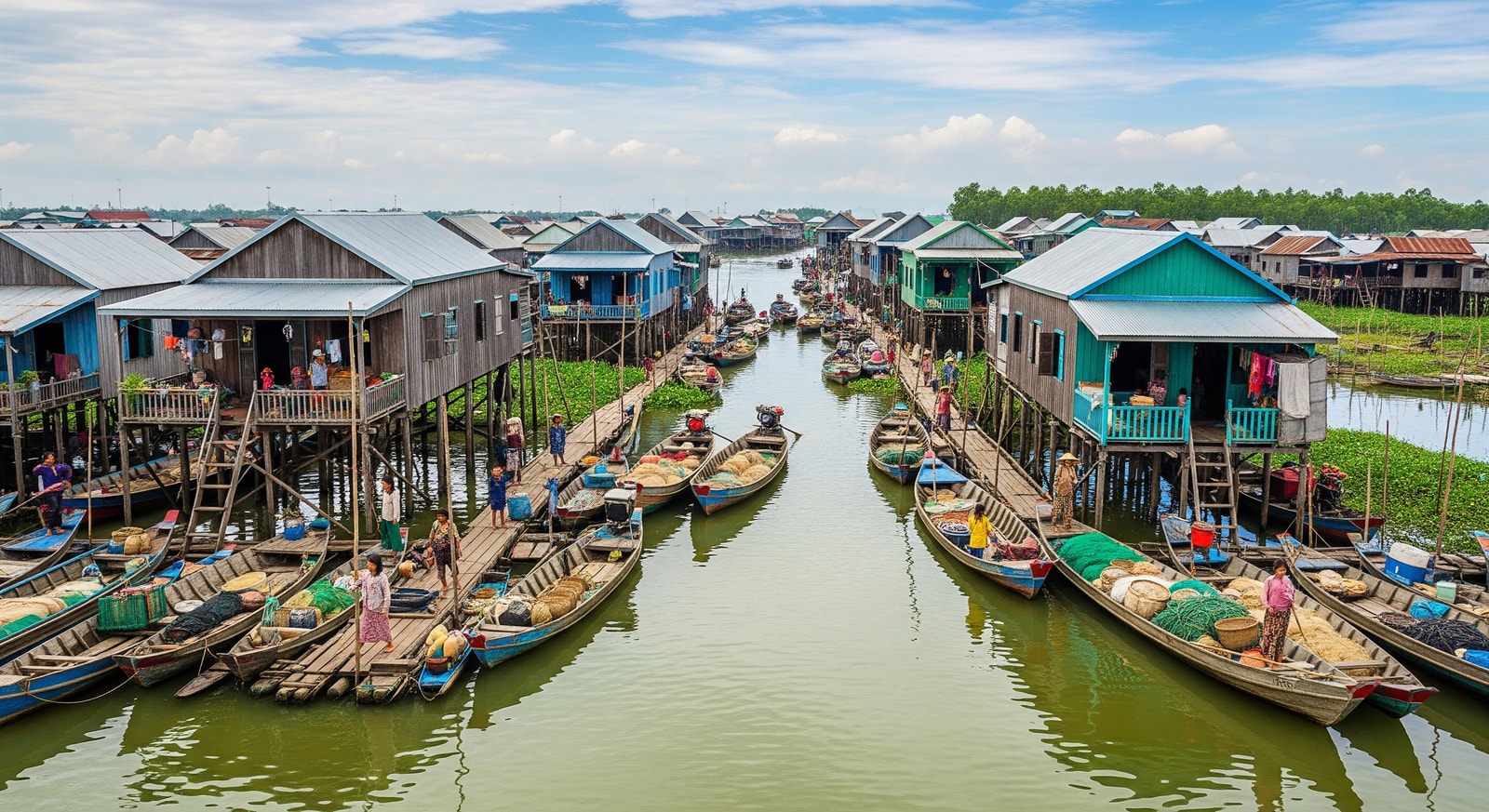 Traditional wooden houses on stilts in Tonle Sap floating village with fishing boats and daily life scenes