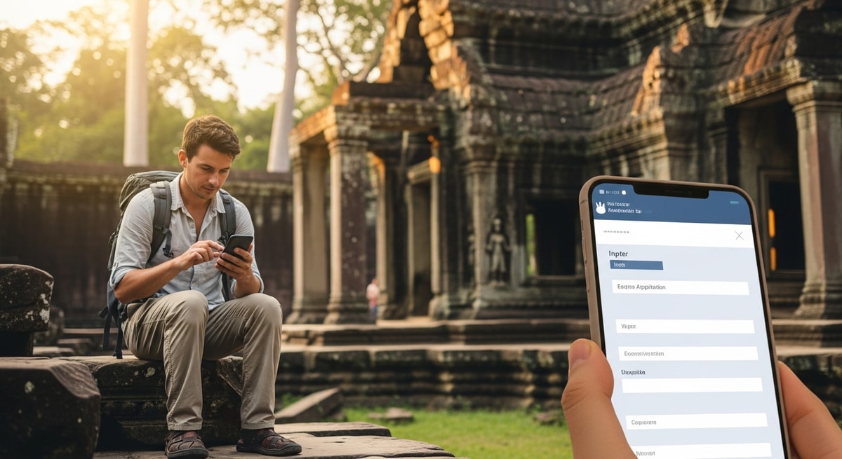 Traveler exploring Angkor temples while completing visa application on smartphone