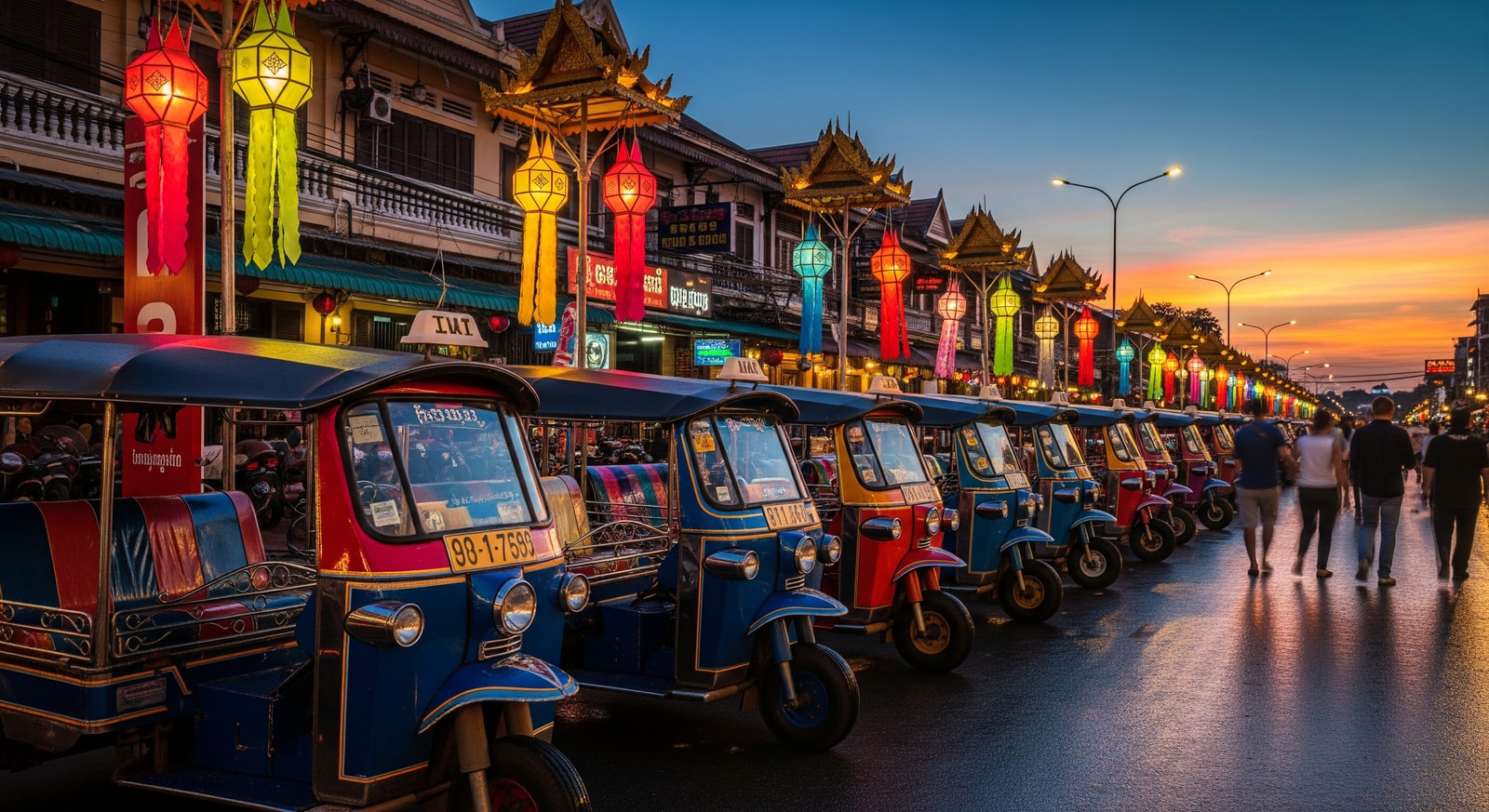 Colorful tuk-tuks lined up on Pub Street in Siem Reap at sunset with traditional Khmer lanterns glowing