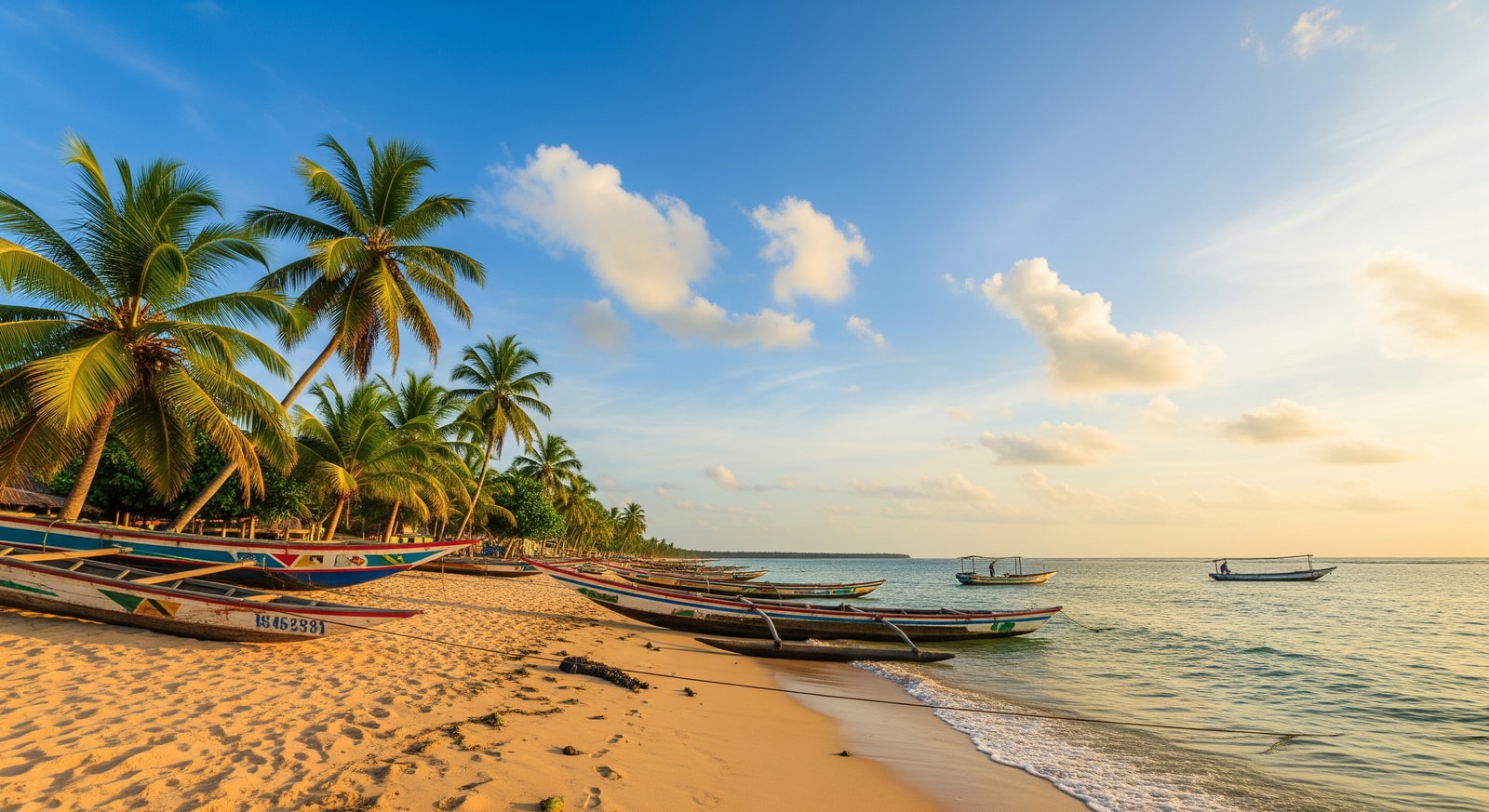 Pristine sandy beach with palm trees at Kribi on Cameroon's Atlantic coast with traditional fishing boats