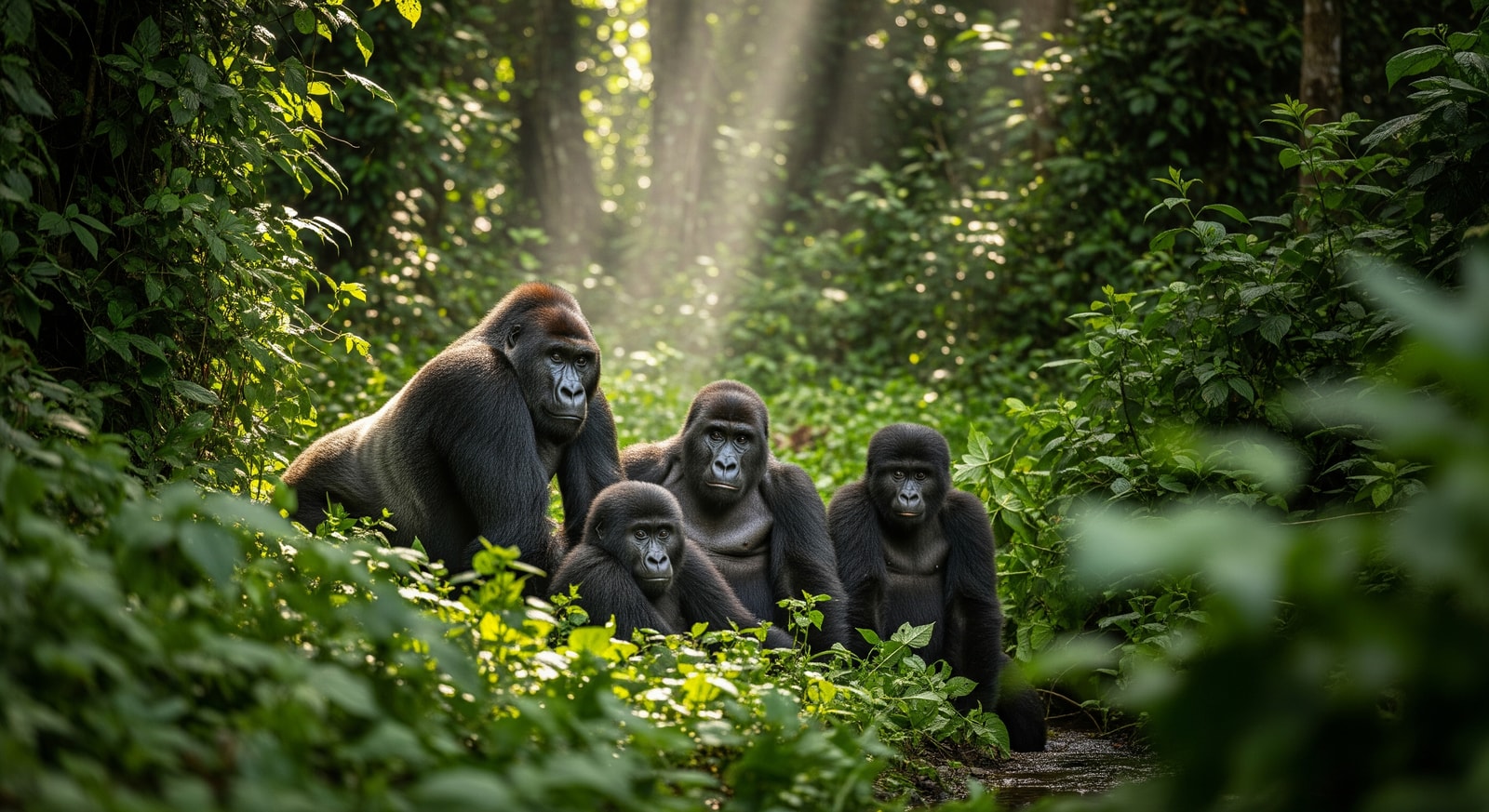 Western lowland gorillas in the dense rainforest of southern Cameroon near Campo Ma'an National Park