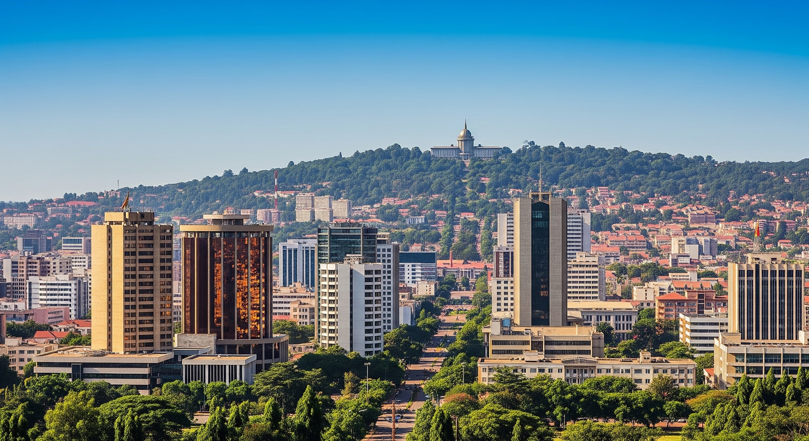 Modern buildings of Yaoundé city center with the Presidential Palace visible on the hilltop