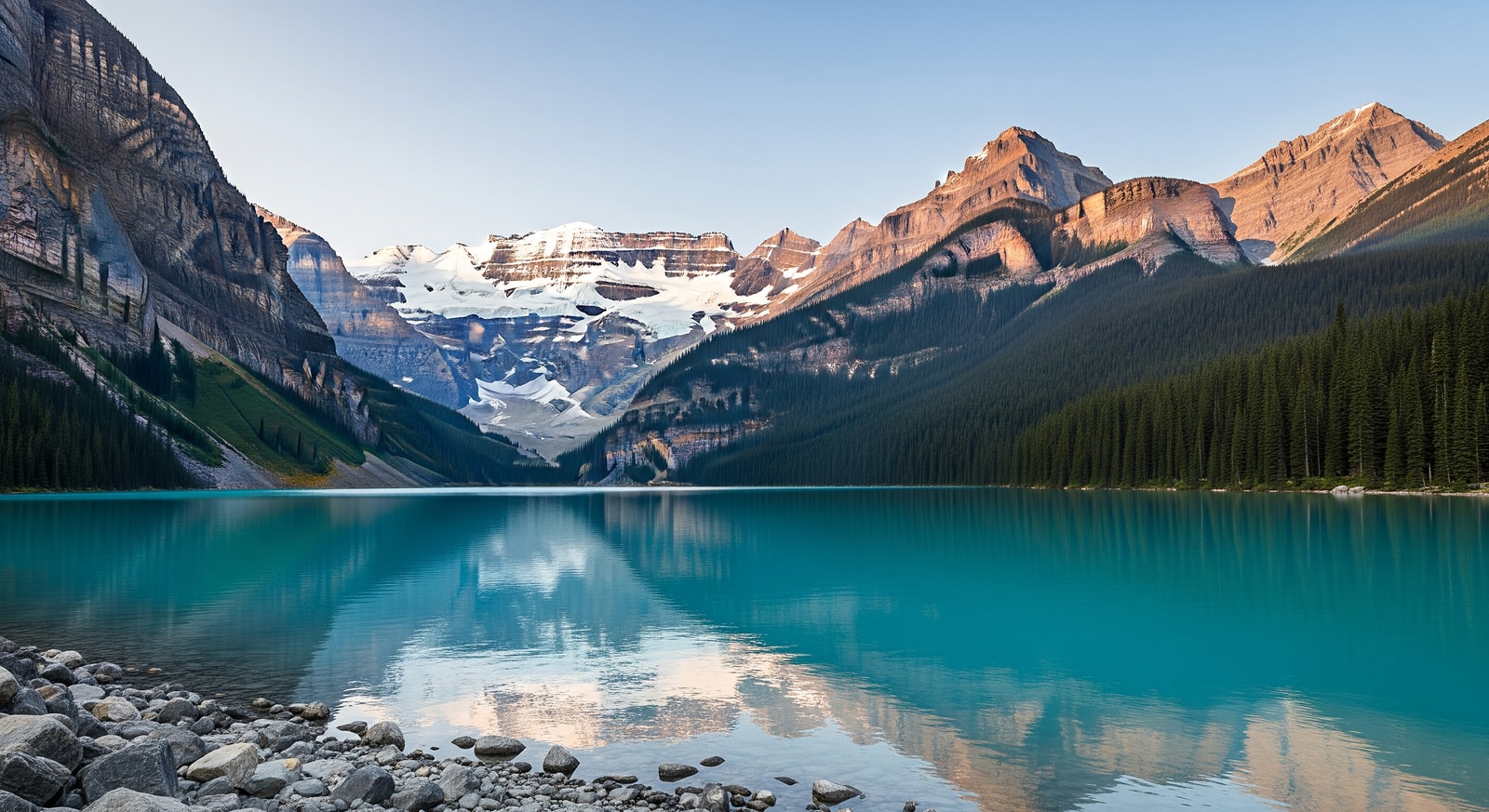 Stunning turquoise waters of Lake Louise in Banff National Park with Victoria Glacier and mountain peaks in the background
