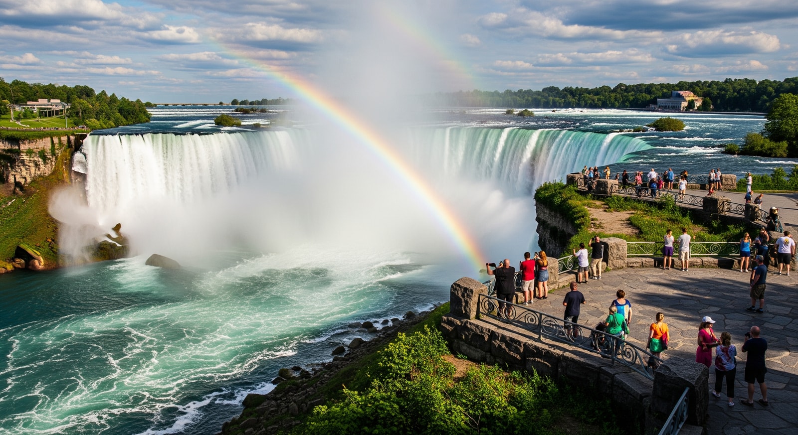 Spectacular Niagara Falls with rainbow mist rising from the horseshoe falls and tourists viewing from the Canadian side