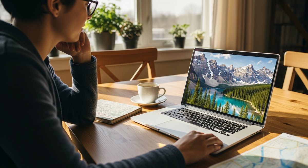 Traveler planning Canada trip with laptop showing Rocky Mountain scenery