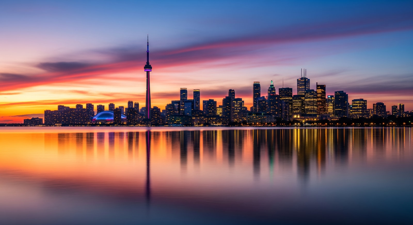 Toronto skyline featuring the iconic CN Tower at sunset with Lake Ontario in the foreground reflecting city lights