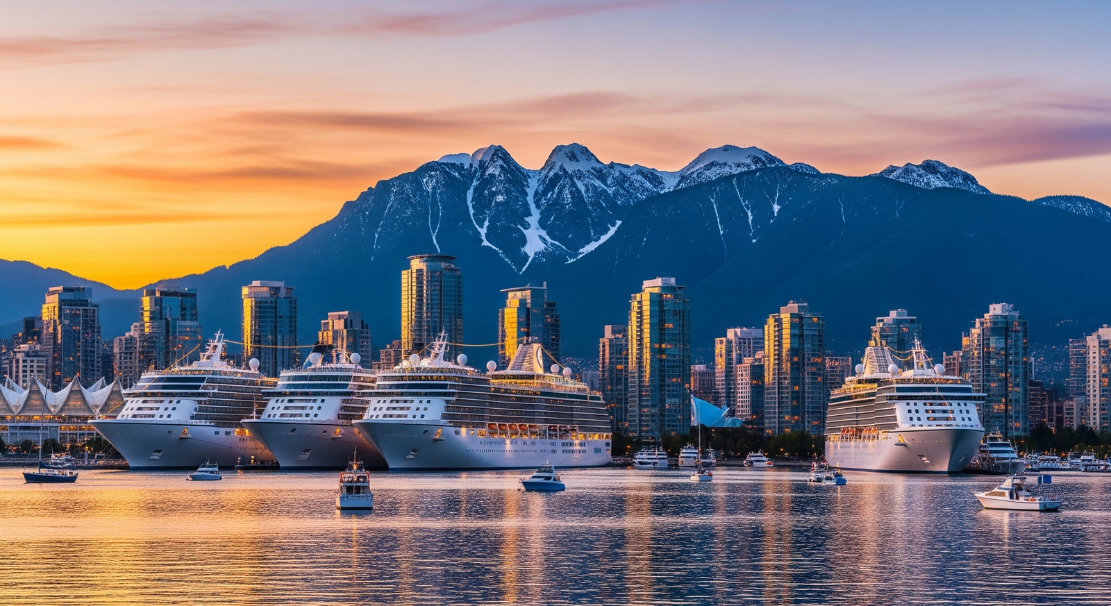 Vancouver harbor with cruise ships docked against the backdrop of snow-capped mountains and glass skyscrapers