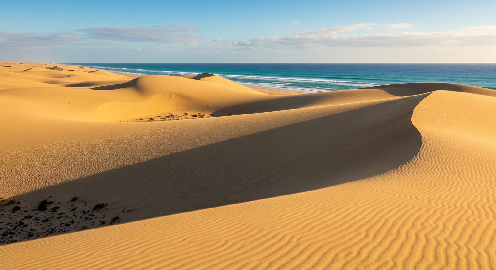 Golden sand dunes of Corralejo Natural Park with turquoise ocean in Fuerteventura, Canary Islands