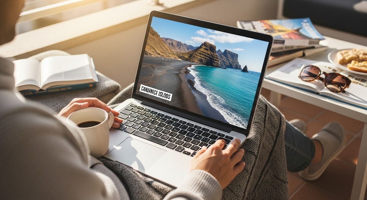 Traveler planning Canary Islands trip using laptop with volcanic beach photos displayed