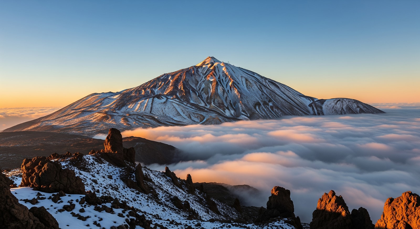 Snow-capped Mount Teide volcano rising above clouds in Teide National Park, Tenerife, Canary Islands