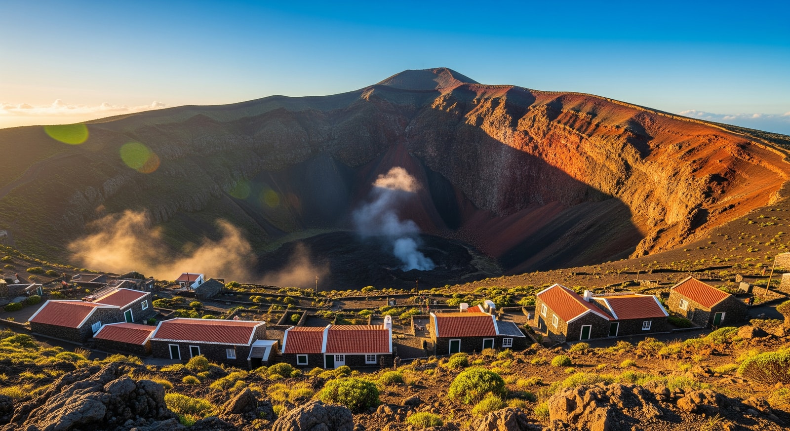 Dramatic volcanic crater of Pico do Fogo with traditional stone houses in the caldera