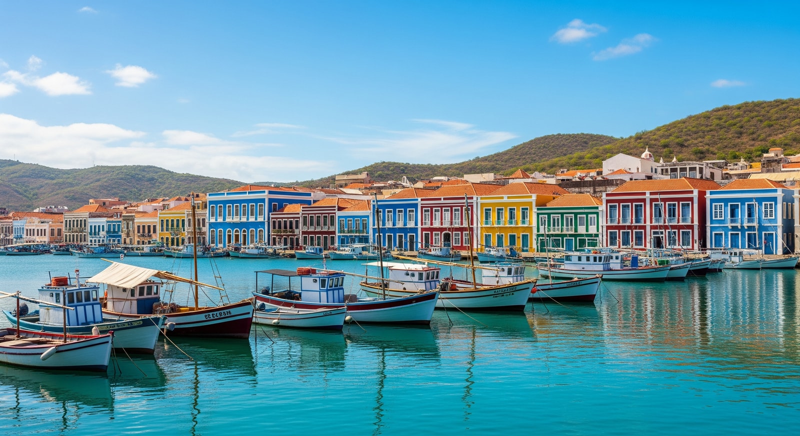 Colorful colonial buildings and fishing boats in the harbor of Mindelo on Sao Vicente island