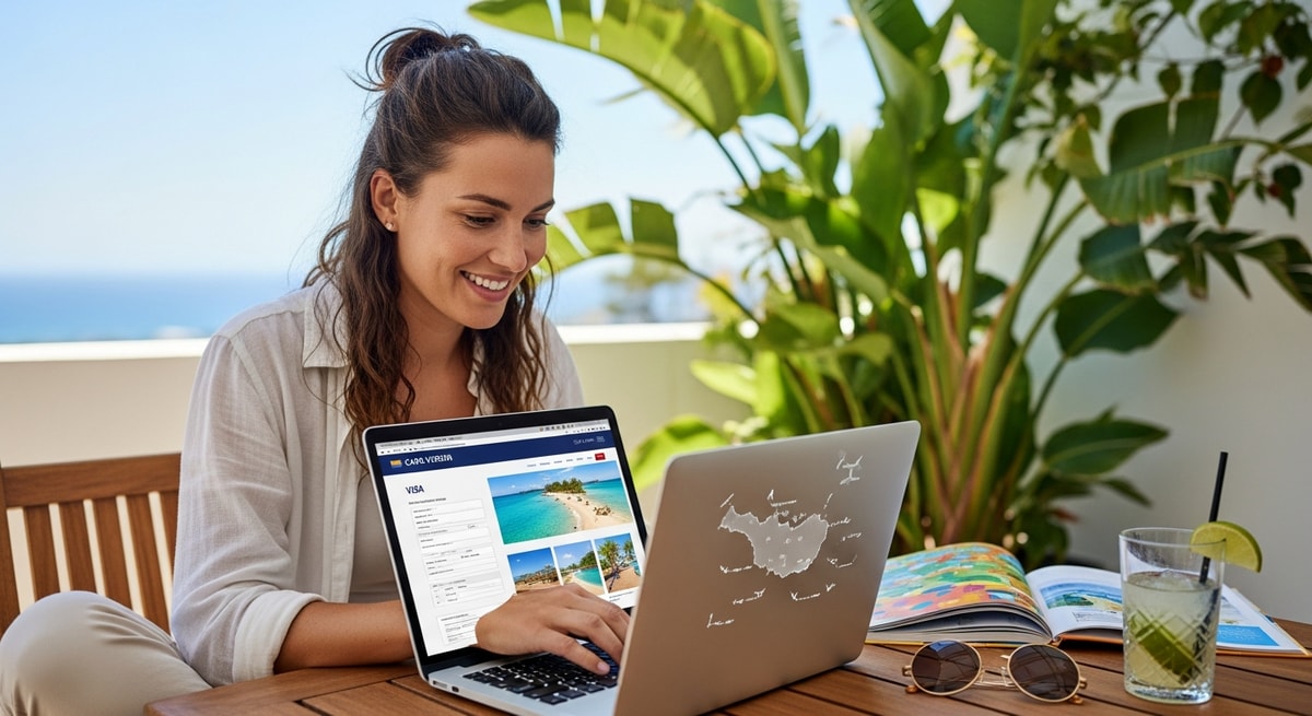 Happy traveler using laptop to apply for Cape Verde visa while planning island vacation