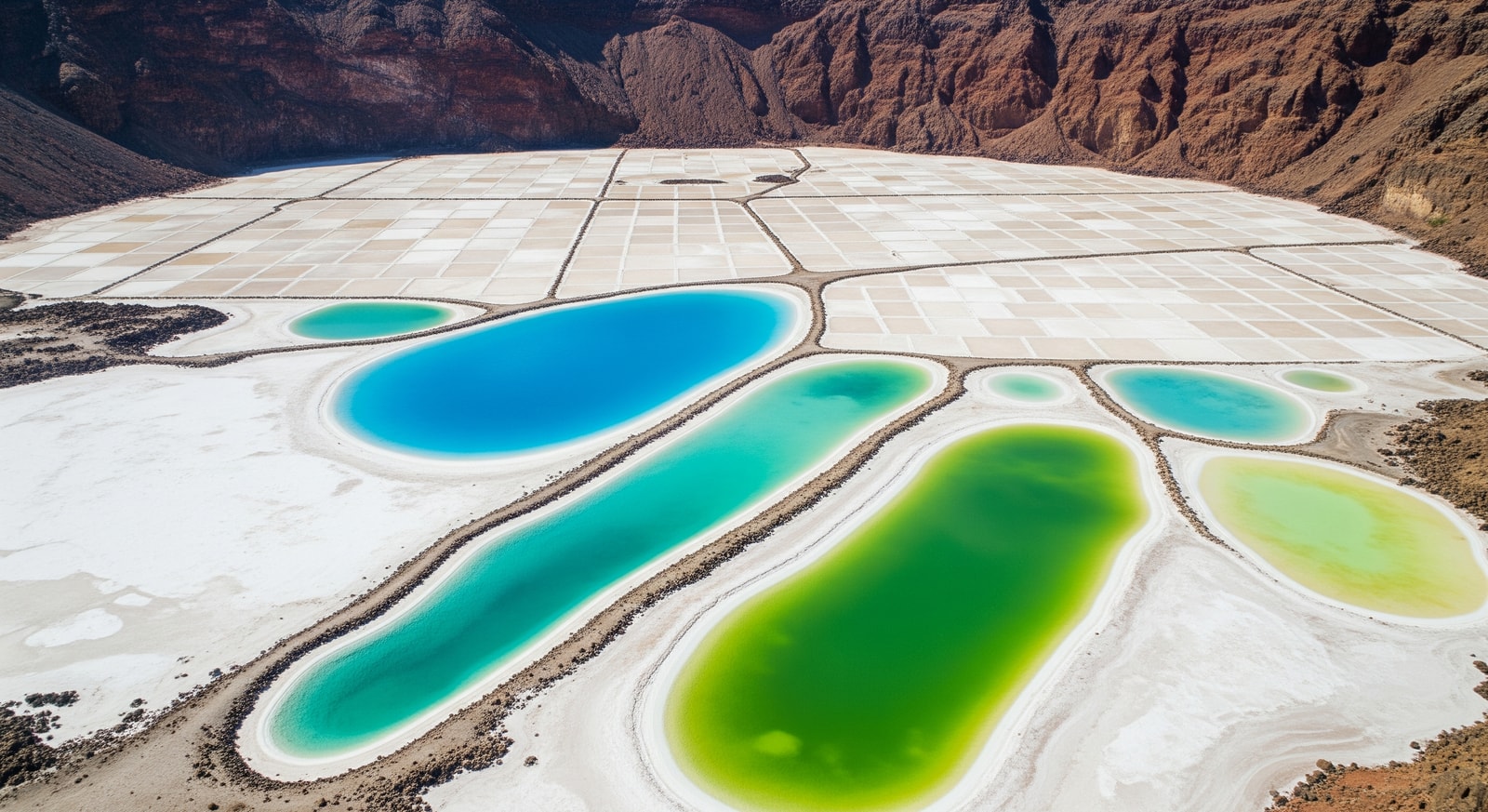 Aerial view of salt flats and turquoise lagoons at Pedra de Lume crater on Sal island