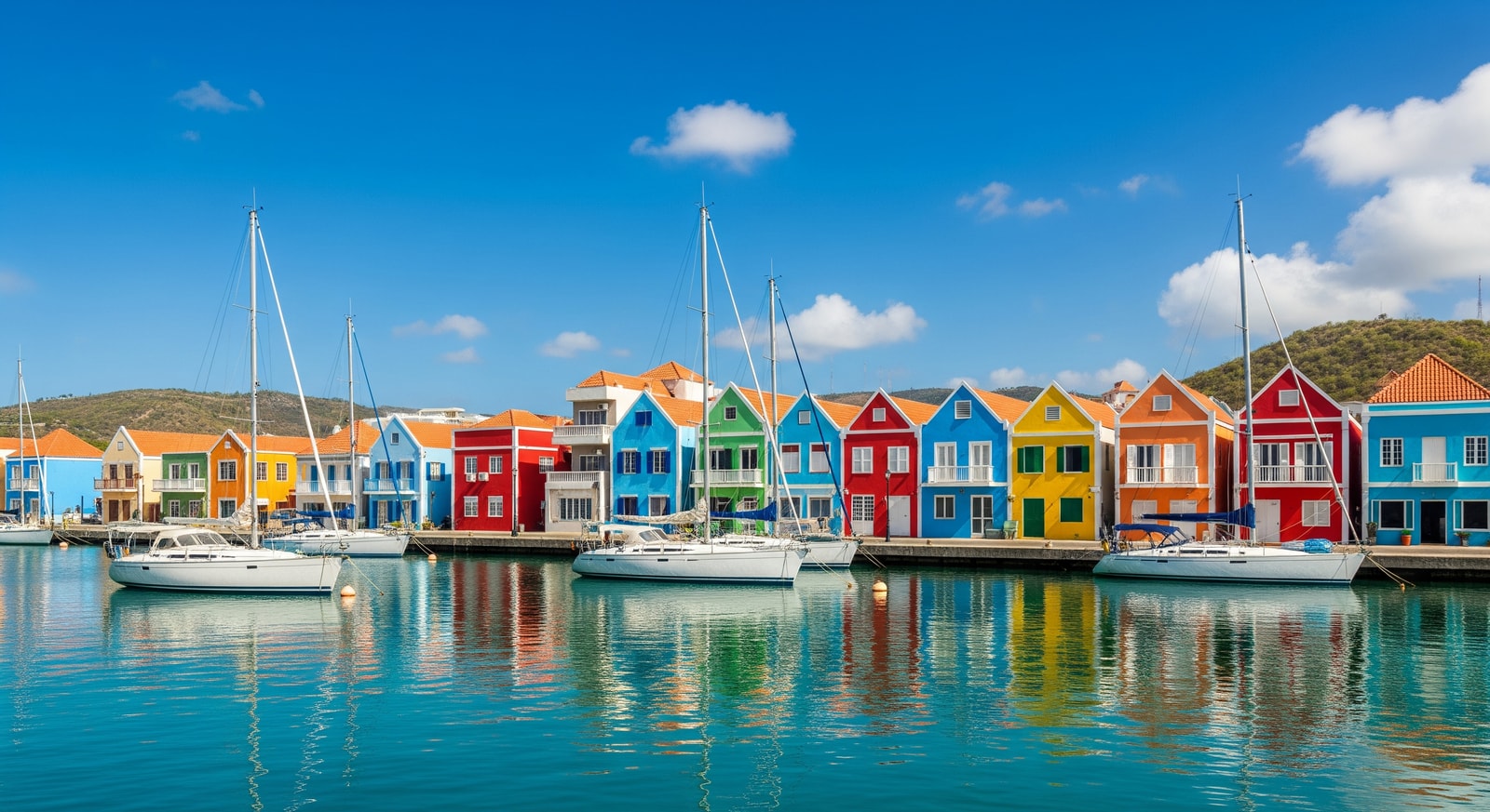 Colorful waterfront buildings and sailboats in Kralendijk harbor, the capital of Bonaire