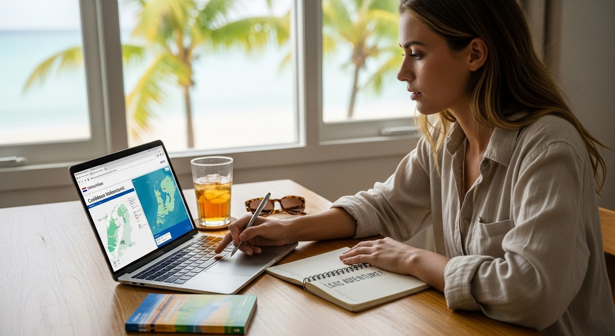 Traveler applying for Caribbean Netherlands visa online while planning island adventure