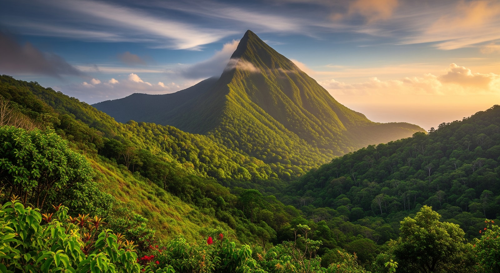 Dramatic volcanic peak of Mount Scenery surrounded by lush green rainforest on Saba island