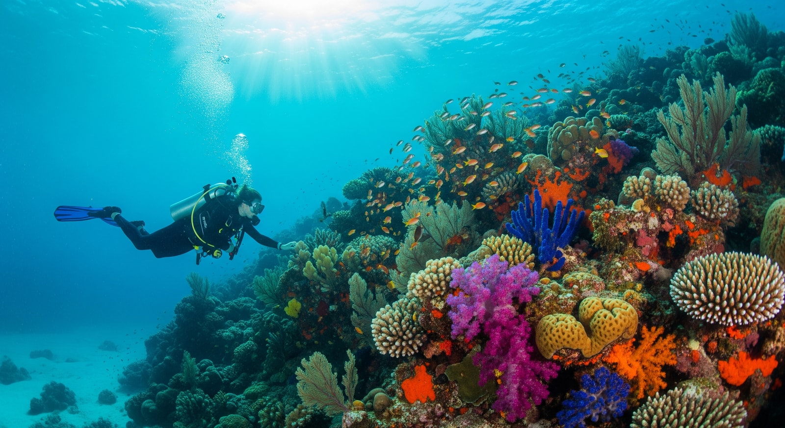 Scuba diver exploring colorful coral reef wall in crystal clear Cayman Islands waters
