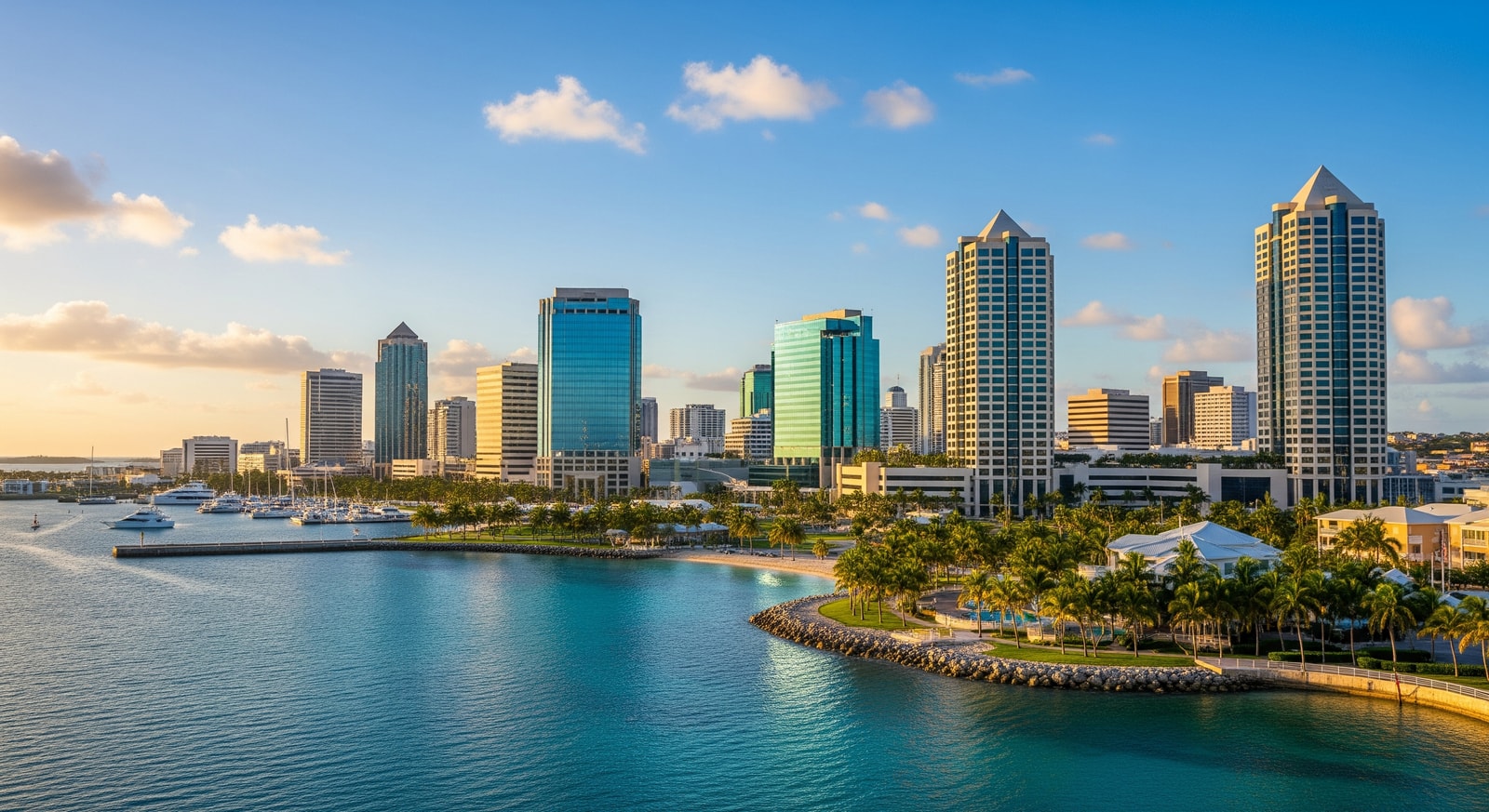 Modern office buildings and financial district skyline in George Town Cayman Islands