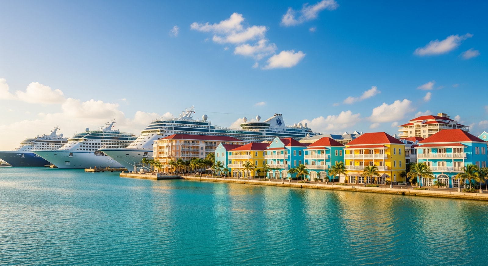 Colorful waterfront buildings and cruise ships in George Town harbor Grand Cayman
