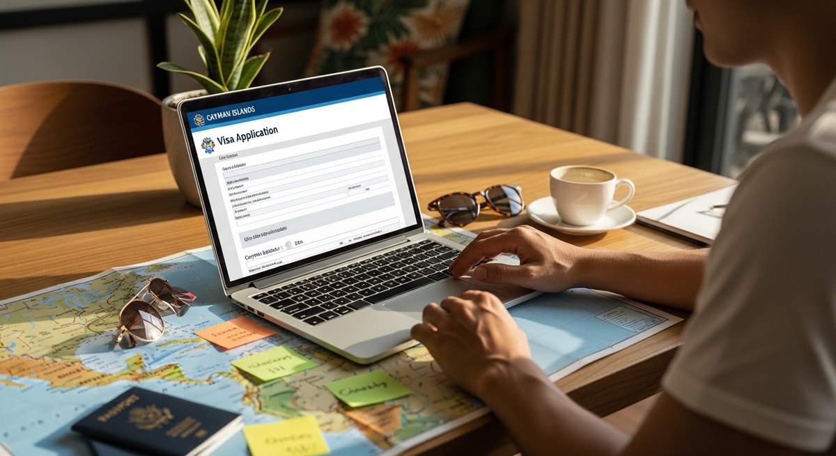 Traveler using laptop to complete Cayman Islands visa application while planning Caribbean trip