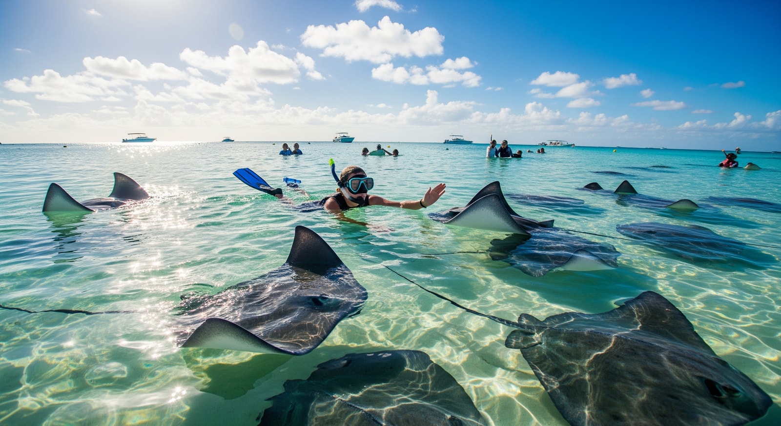 Tourist swimming with stingrays at Stingray City sandbar in Grand Cayman