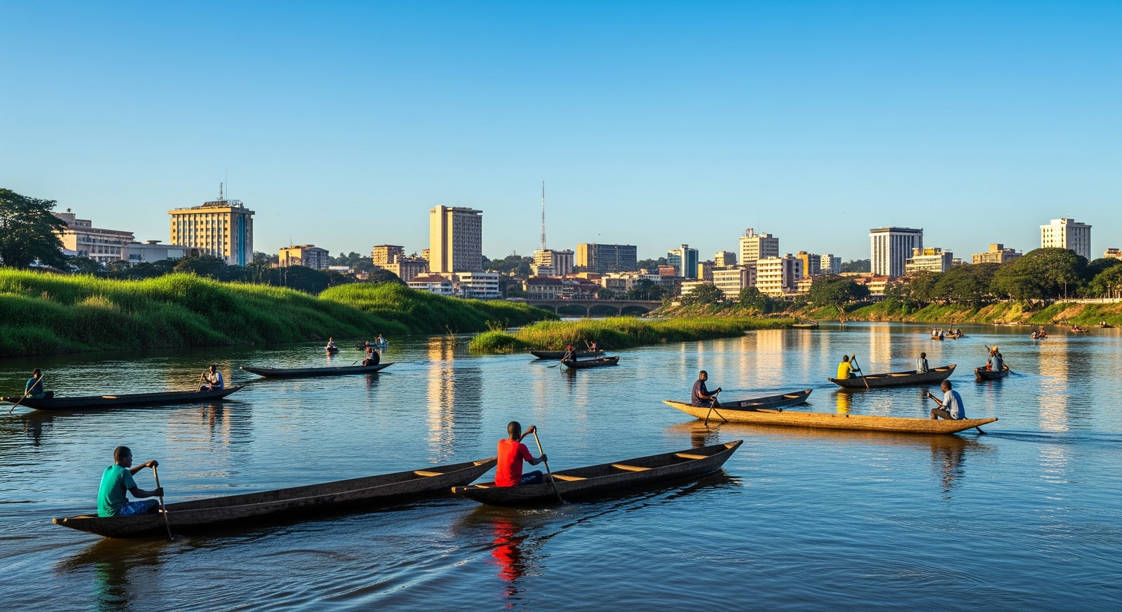 Oubangui River flowing through Bangui with traditional boats and city skyline in background