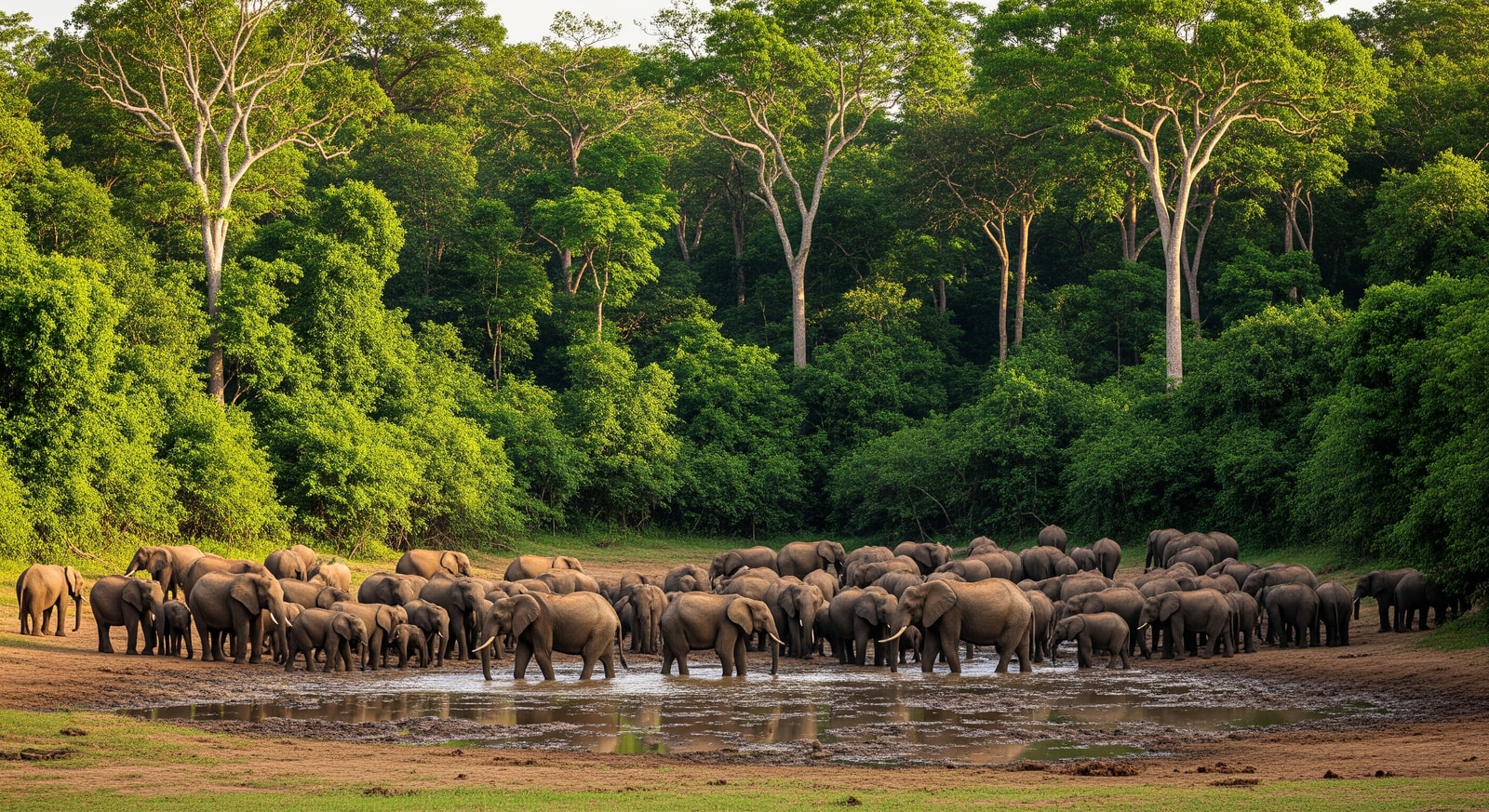 Forest elephants gathering at Dzanga Bai mineral clearing surrounded by dense rainforest