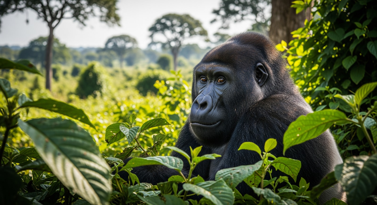 Western lowland gorilla in dense vegetation at Dzanga-Sangha Special Reserve in Central African Republic