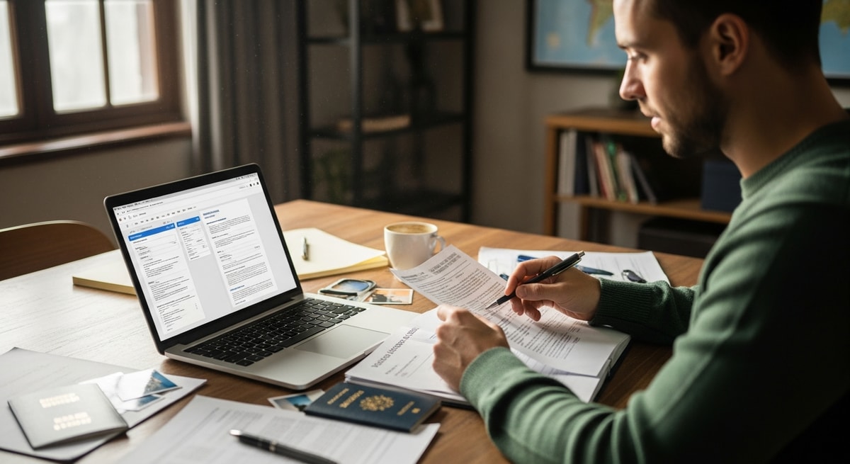 Traveler preparing documents for Central African Republic visa application on laptop