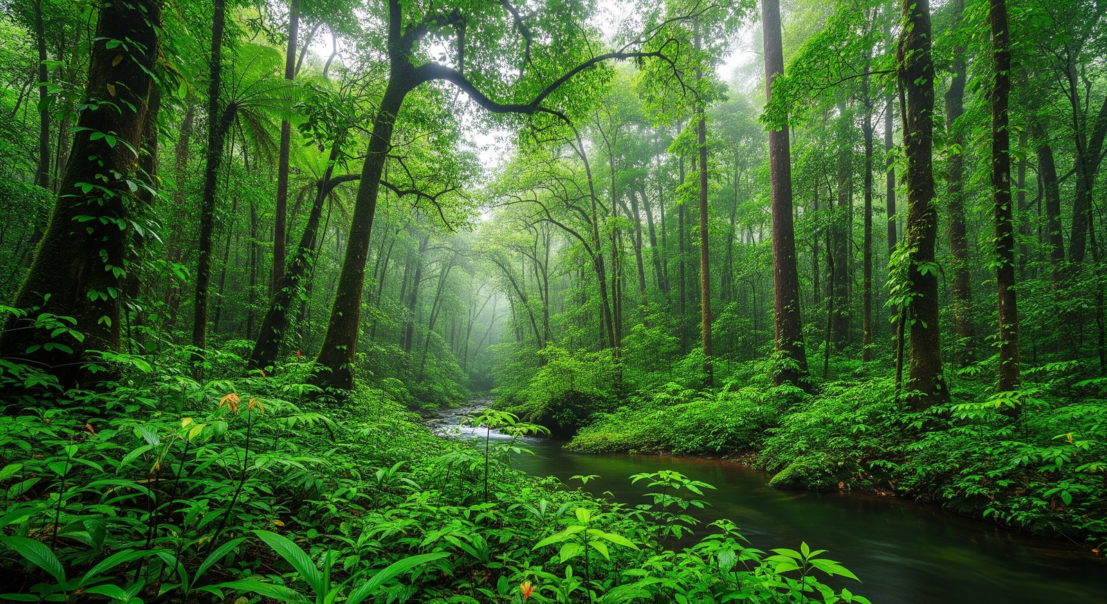 Pristine tropical rainforest with towering trees and lush undergrowth in Central African Republic