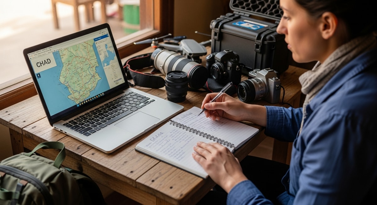 Traveler planning expedition to Chad with laptop and camera equipment