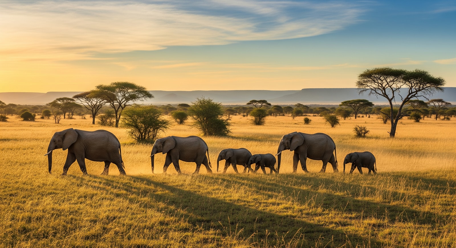 Elephant herd walking through the savanna grasslands of Zakouma National Park